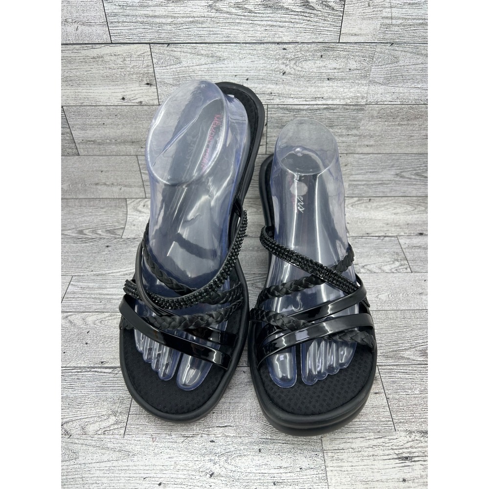 Skechers Rumblers Black Wedge Sandals Rhinestone Braided Strappy Women Sz 11